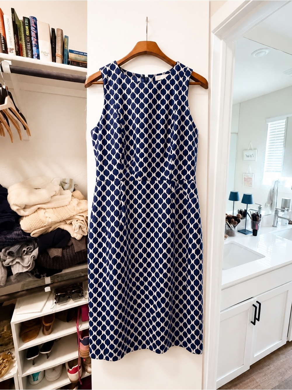 Navy Geometric Jacquard Sheath Dress
